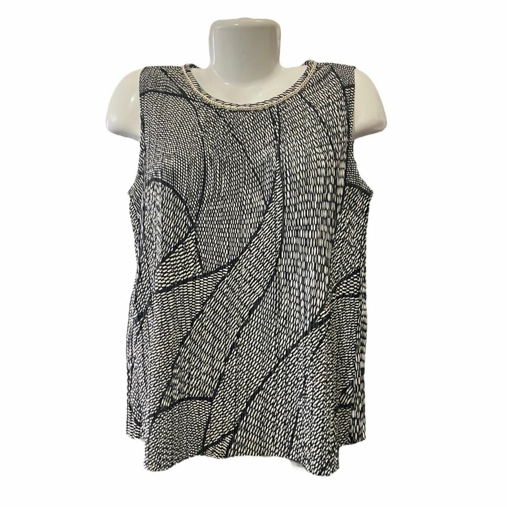 Roz & Ali Black & White Sleeveless Blouse Beautiful Chain Accent Neckline SZ S
